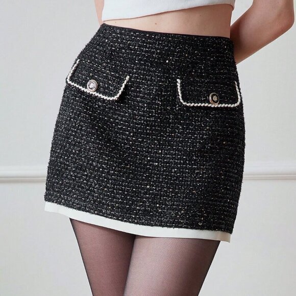Black Elegant Women's Contrast Binding Flap Detail Skirt - Picture 6 of 8